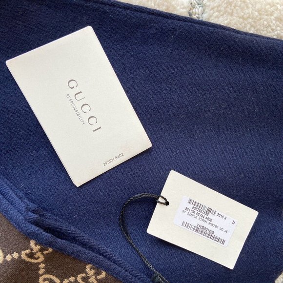 Authentic Gucci GG Logo Brown Blue 35x180cm/14”x71" Wool/Silk Shawl Scarf NWT - Picture 5 of 10
